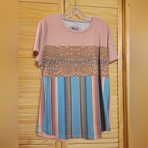 Crazy Train Tee Shirt size Large stripes deer print pink cream turquoise soft